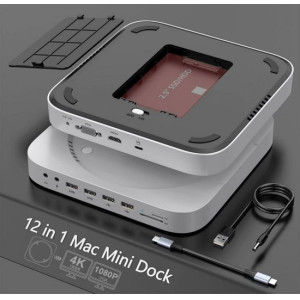 12 in 1 Type-C Hub Mac Mini Dock with Hard Drive Enclosure, USB-C Docking Station and Stand for Mac Mini M1 with SATA SSD/HDD, HDMI, VGA, USB, TF/SD, Audio Jack, Mac Mini Hub for 2018/2020 Mac Mini