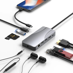 Fonething USB C HUB, 11 in 1 USB C Docking Station with 4K HDMI, , 3*USB 3.0, USB C Data, , RJ45 Ethernet Port, SD/TF, 3.5mm AUX, Compatible with MakBook Pro/Air, More Type C Devices-grey