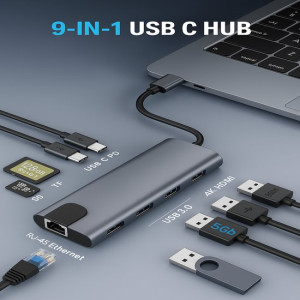USB-C Hub Docking Station, 9-in-1 USB Hub for Laptop with Gigabit Ethernet, 4K HDMI, 3×USB 3.0 and USB-C Data Ports, 100W PD, SD/TF Card Slot, Compatible with Mac/Windows/Chrome OS/Linux